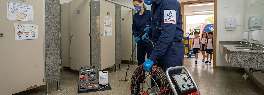 Profissional realizando Desentupimento e Manutenção Preventiva para Escolas, Colégios e Creches em Imbituba